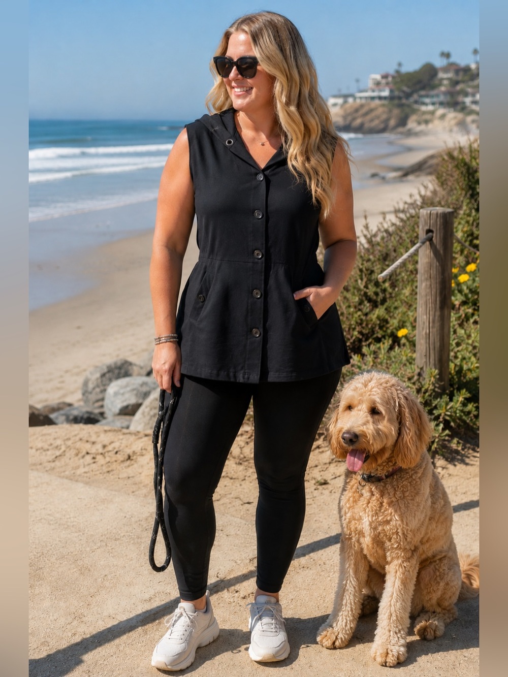Elevated athleisure- sleeveless Black Vest, cinched waist, super flattering.